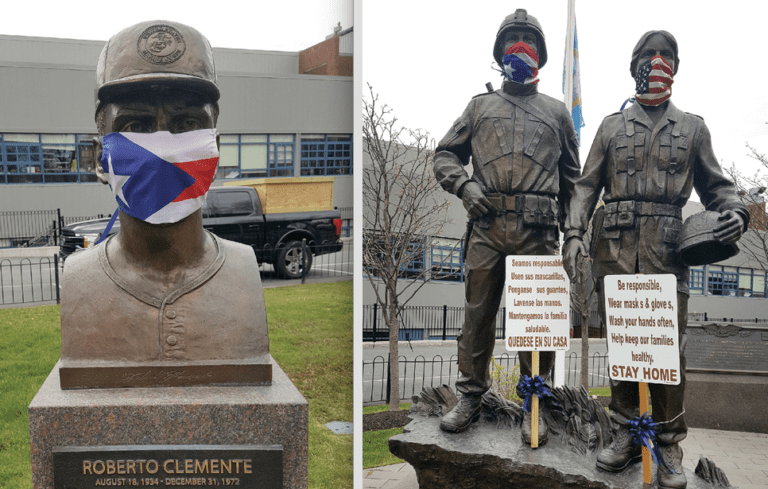 Monumento a los Veteranos Puertorriqueños Caídos en Guerra contra el COVID-19 Soldados enmascarados en el South End