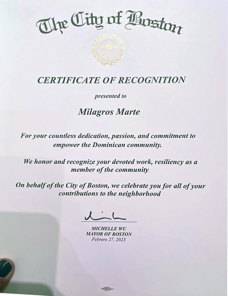 Certificado de la ciudad de Boston para Milagros Marte