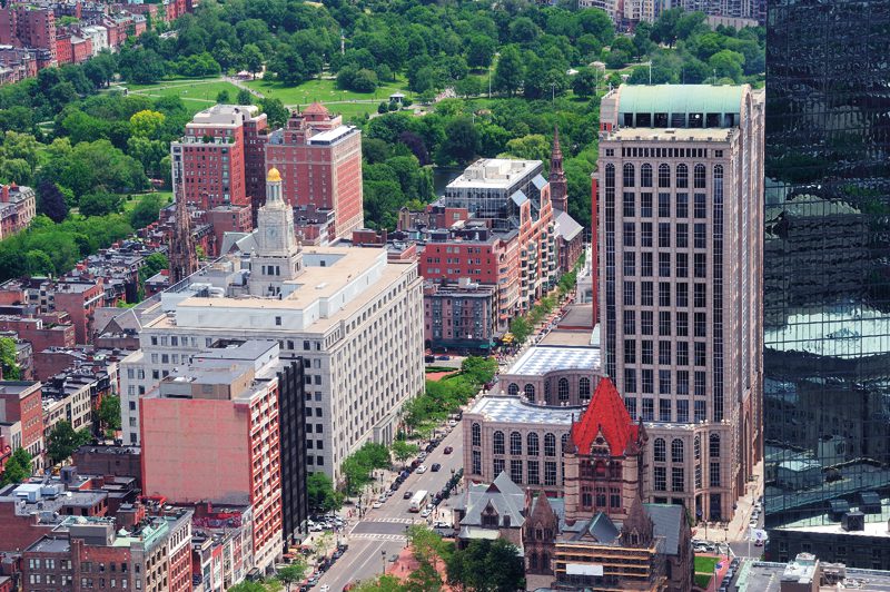 Boston downtown aerial view with historical architecture, street and city skyline.