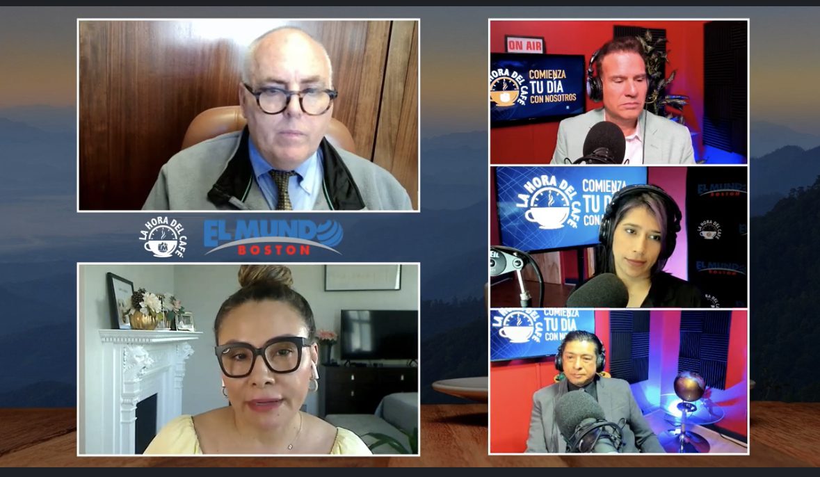 Boston City Councilor Ed Flynn (top left) appeared on the Spanish-language morning show “La Hora del Café” to address his recent Twitter post criticizing Councilor Lara and Arroyo. 