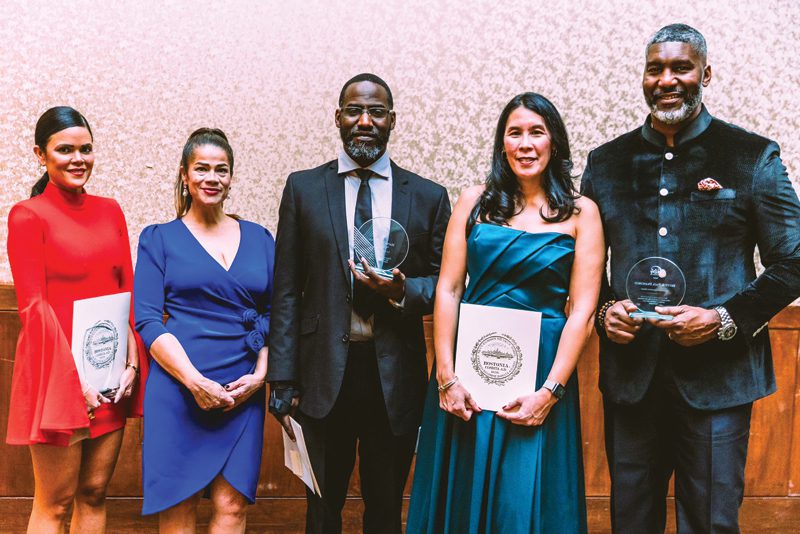 Left to Right: Nivia Piña on behalf of husband Hector Piña, the Lucia Mayerson David Lifetime Honoree; City Councilor at Large Julia Mejia; TAG Alumni of the Year Hatim Jean-Louis, Paul & Betty Francisco, The 2023 TAG Community Champions.