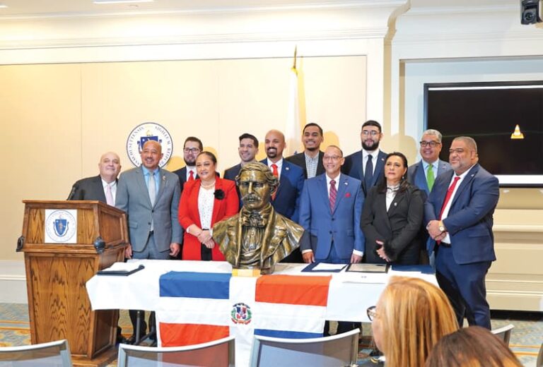 Left to right. Paul Iannuccillo NECOO Register of Deeds, Lawrence Mayor Brian Depeña, State Rep. Estella Reyes, State Rep Andy Vargas, Senator Pavel Payano, State Rep. Manny Cruz, State Rep. Frank Moran, Dr. Berta Jimenez The Duarte Institute, State Rep. Fransisco Paulino.