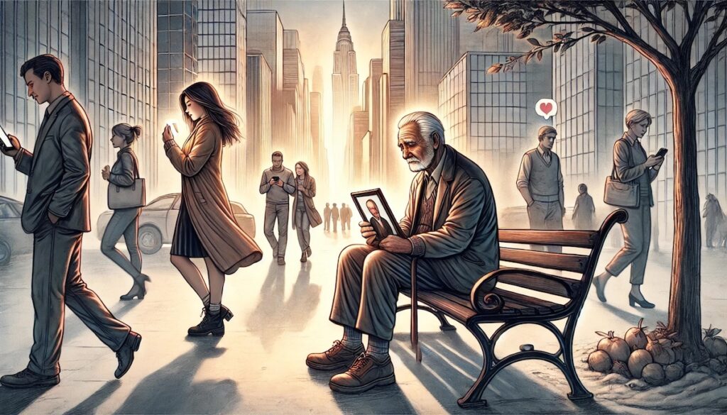 DALL·E 2024 12 24 10.16.48 A heartfelt illustration depicting an elderly man sitting alone on a park bench surrounded by a busy modern cityscape. In the background people are