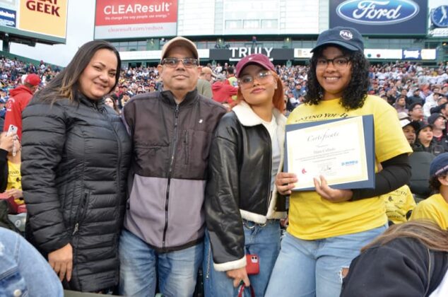 Monday, May 19th, 2025 - ¡Viva Lawrence! The Boston Red Sox and El Mundo Boston honored Lawrence middle school students with a pre-game ceremony. The academic all-stars were presented with Certificates of Recognition from Red Sox pitchers Liam Hendriks and Brennan Bernardino moments before the game vs the New York Mets at Fenway Park.