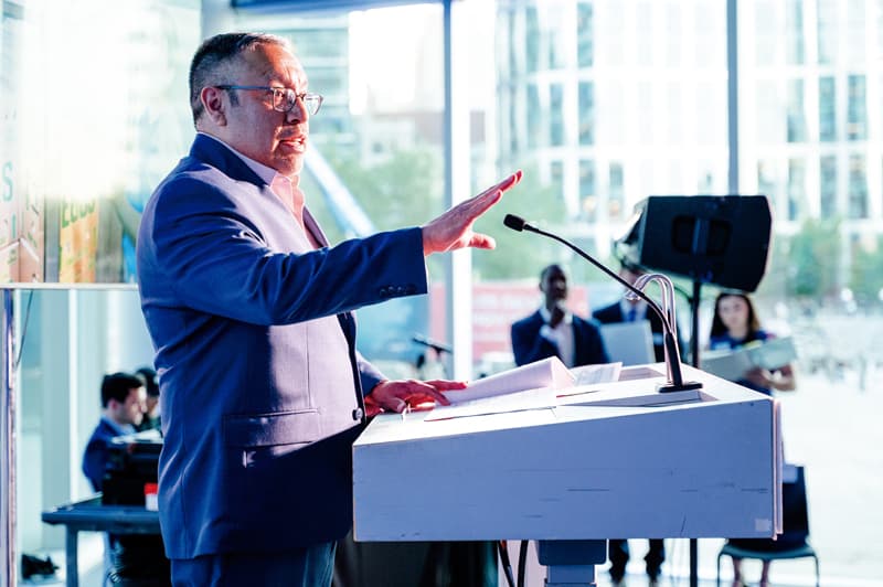 Dr. Julio Mazul, Executive Vice President and Chief Medical Officer, NeighborHealth, address the crowd before presenting the Advancing Health Equity Award to the Community Resource and Wellness Center.