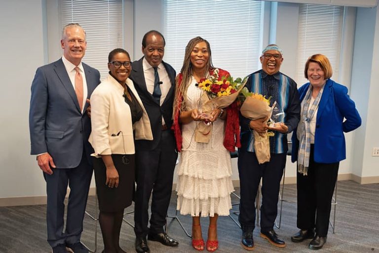 From left to right: ⁠⁠Thomas O’Brien, chair of the Urban College Foundation; Dr. Yves Salomon-Fernández, president of Urban College of Boston; Dr. Lee Pelton, president and CEO of The Boston Foundation; Denella J. Clark, president and CEO of the Boston Arts Academy Foundation; Lincoln Mali, CEO of Lesaka Technologies; and Joan Becker, chair of the board of trustees, Urban College of Boston