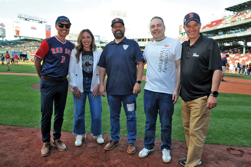 Gracias: Our generous Latino Youth Recognition Days supporters were on-hand to participate in the on-field ceremony. They are (from left to right): Juan Lopera from Beth Israel Lahey Health, Kristin Christopher from Comcast, Brian Ferreira from Vitra Health, Juan Arenas from Bank of America and Anthony Guerriero from Massport.