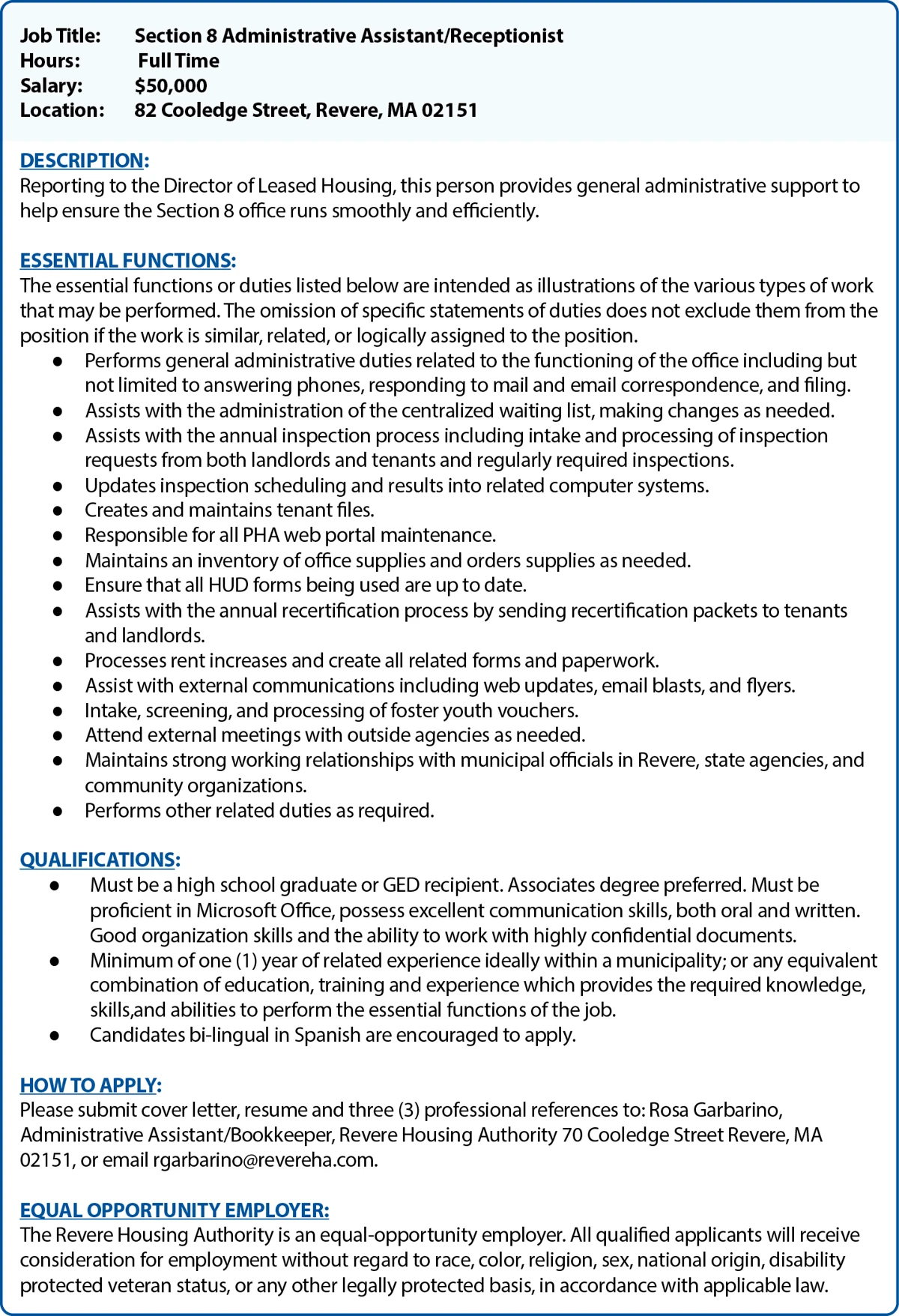 Job Section 8 Assistant/Receptionist 3 Section 8 Administrative AssistantReceptionist